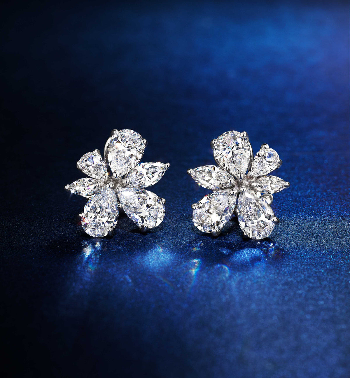 Diamond Flower Button Earring With Marquis Stones