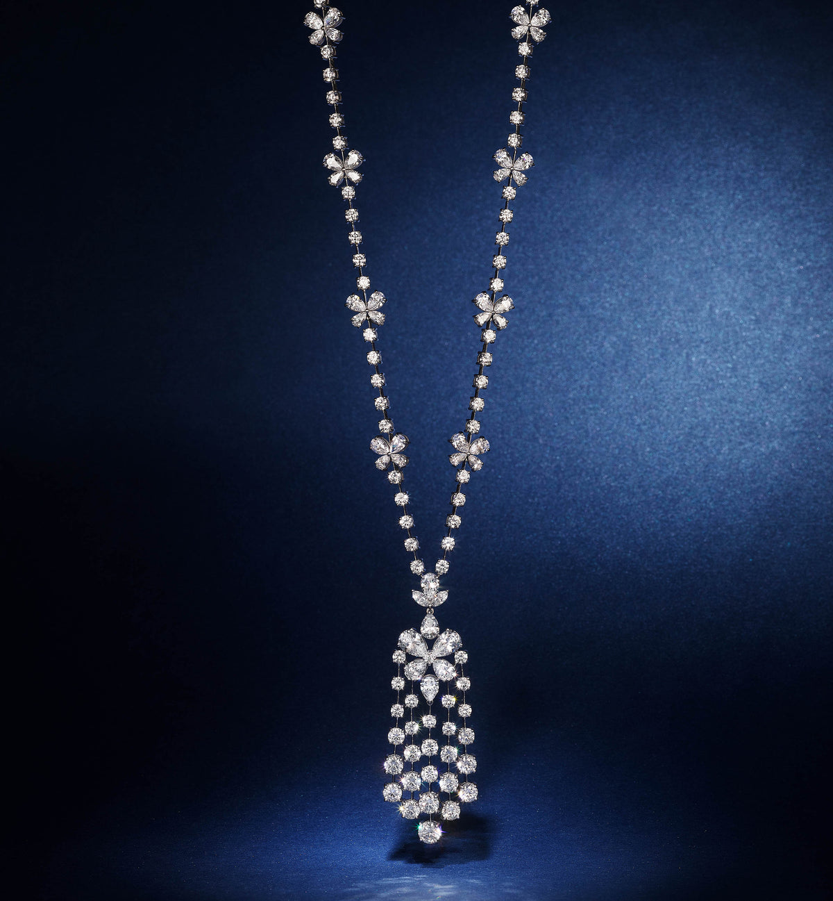 Diamond Chandelier Necklace With Pear Shaped and Round Stones